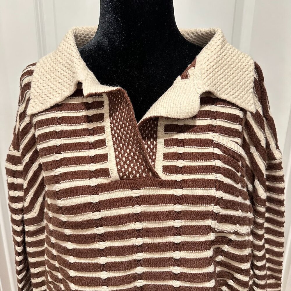 Anthropologie Better Garment Brown Cream Collared Sweater Size Small - Picture 3 of 16